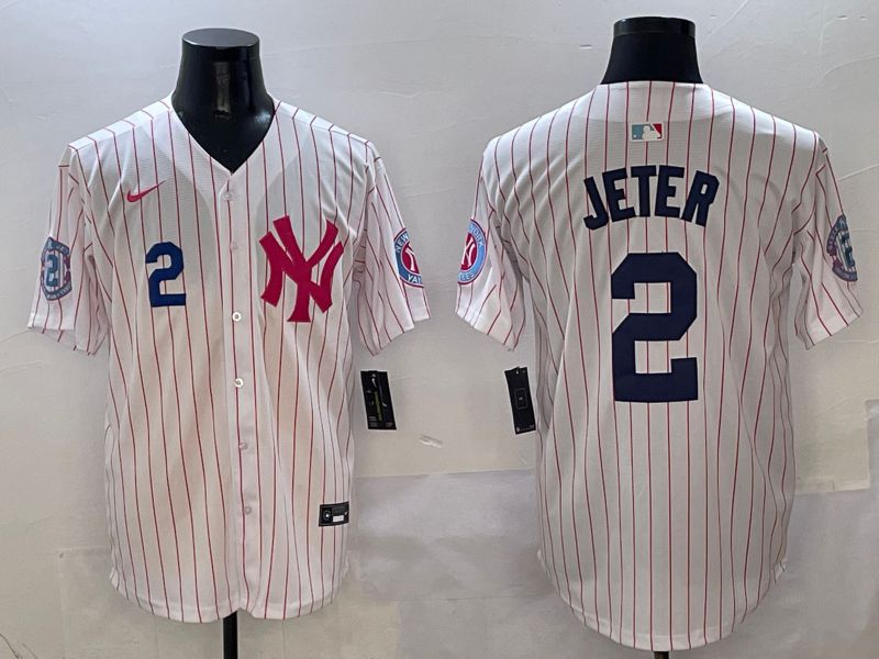 Men New York Yankees #2 Jeter White Stripe Jointly Name Nike 2025 MLB Jersey style 4->new york yankees->MLB Jersey